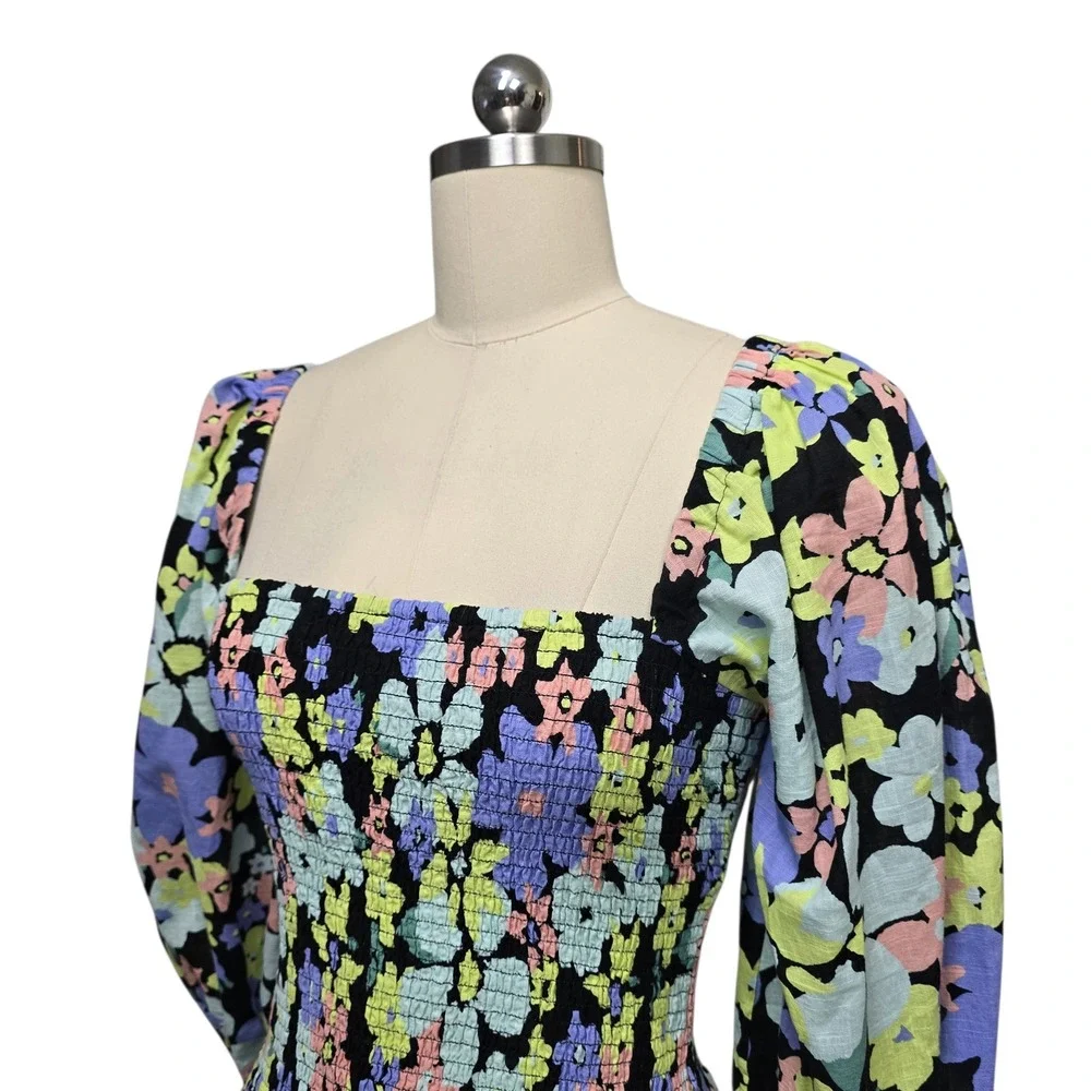 Free‎ People Retro Combo Smocked Puff Sleeve Floral Square Neck Top Size Small
